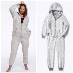 Pink Victorias Secret Grey Oasis Sherpa Teddy Zip Up Hoodie Onesie One Piece PJ